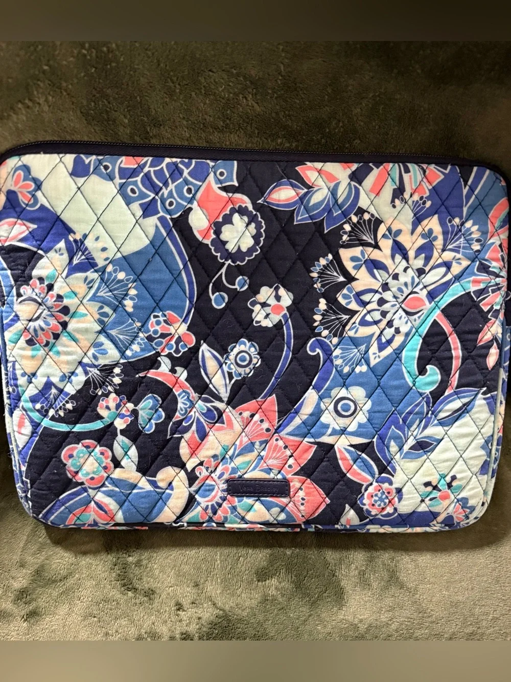 Vera Bradley Navy Floral Quilted Laptop Sleeve with Coral & Sky Accents